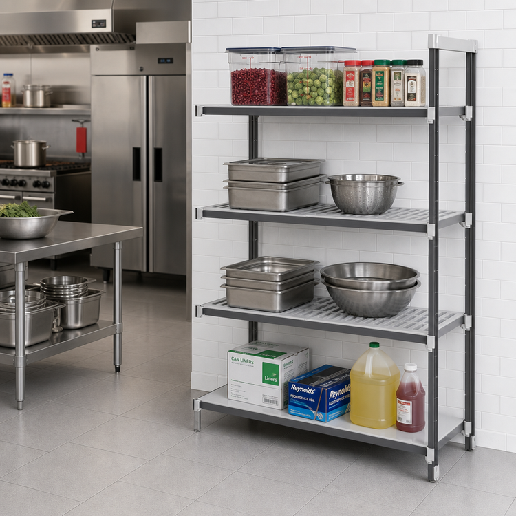 Product image #2 for Cambro Camshelving Elements XTRA Stationary Add-On Polymer Shelving Unit, 24" x 42" x 72", 4-Tier Vented and Solid, Speckled Gray