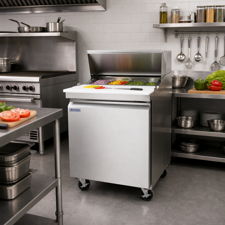 Product image #2 for Omcan Aurora Mega Top Salad/Sandwich Prep Table, 1-Section, 27-1/2-Inch Wide, Rear-Mount Self-Contained Refrigeration