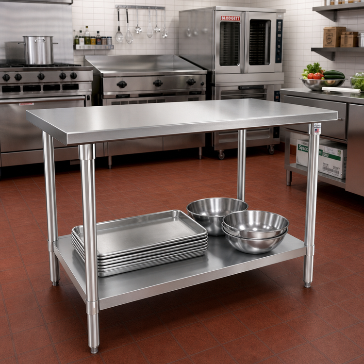 Product image #2 for John Boos Stallion 60-Inch x 24-Inch 14-Gauge 300 Series Stainless Steel Flat Top Work Table with Galvanized Base and Adjustable Undershelf