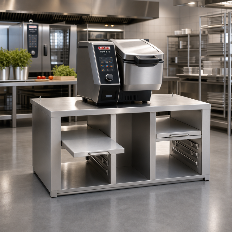 Product image #2 for RATIONAL Stainless Steel Equipment Stand for iVario 2-XS with 2 Pull-Out Shelves and GN Rails