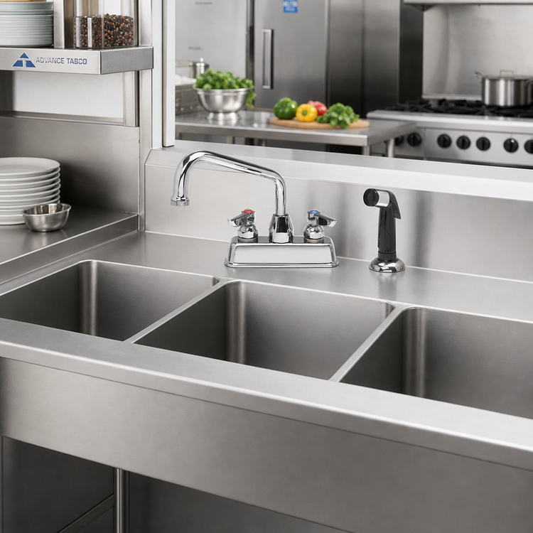 Product image #2 for Advance Tabco Deck-Mounted Manual Faucet with 4-Inch Centers, Swing Spout, and Melt-Down Spray Nozzle