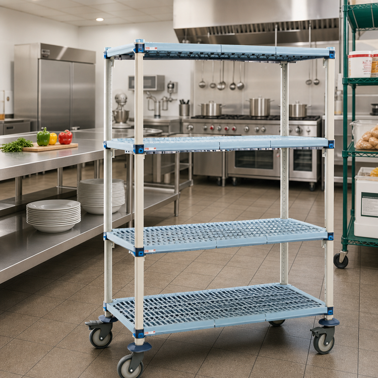 Product image #2 for MetroMax Q 4-Shelf Mobile Polymer Shelving Starter Unit with Open Grid Shelves, 48"W x 18"D x 67-5/16"H