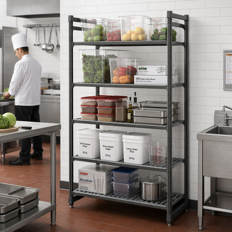 Product image #2 for Cambro Camshelving Basics Plus 5-Shelf Stationary Starter Unit, 24 x 48 x 64 Inch, Vented Polymer Shelving, Brushed Graphite
