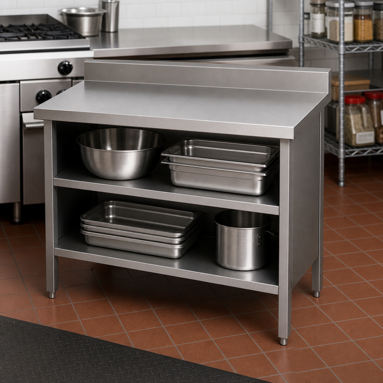 Product image #2 for John Boos 48 Inch x 24 Inch 16-Gauge Stainless Steel Open Front Enclosed Base Work Table with 5 Inch Rear Riser