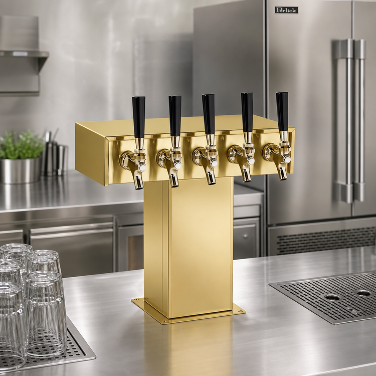 Product image #2 for Perlick Extra High 5-Faucet Glycol-Cooled Tee Draft Beer Tower, Countertop, Tarnish-Free Brass