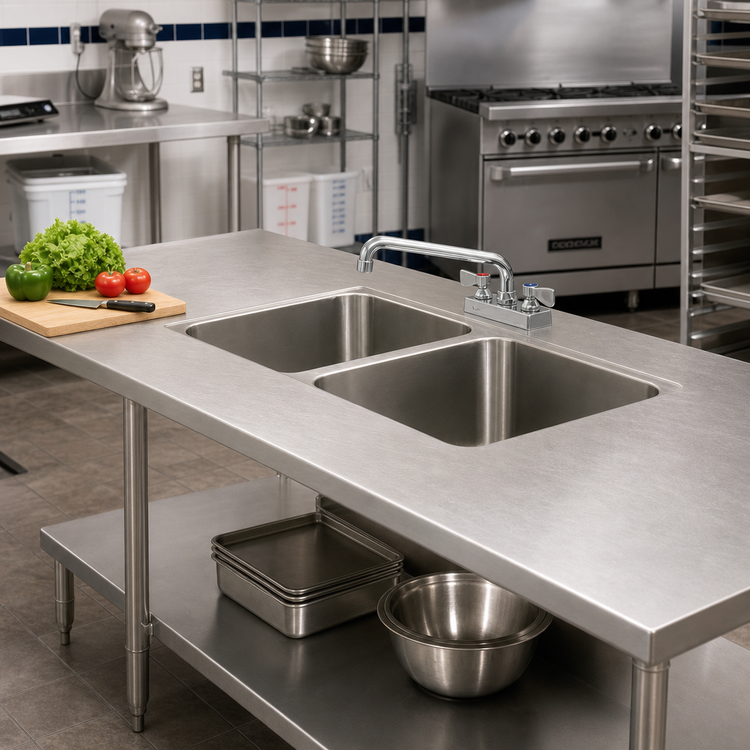 Product image #2 for Advance Tabco Double-Bowl Welded Sink Top with 20" x 20" x 12" Bowls