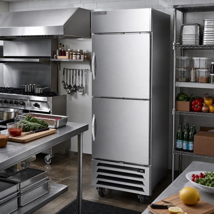 Product image #2 for Beverage-Air Horizon Series One-Section Reach-In Refrigerator, 23.32 Cu. Ft., Two Right-Hand Solid Half Doors, Stainless Steel, Bottom-Mounted Self-Contained