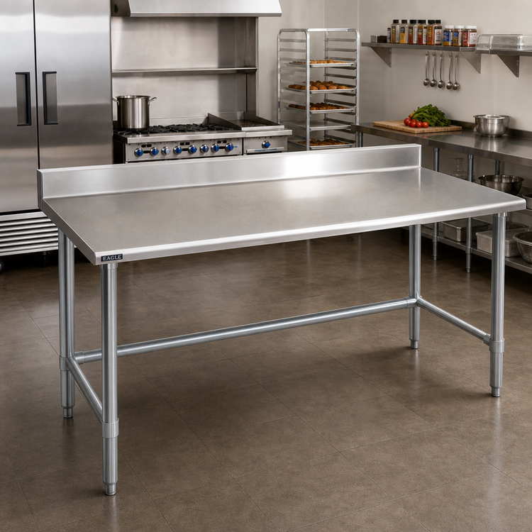 Product image #2 for Eagle Deluxe Series 144-Inch x 36-Inch Stainless Steel Work Table with 4-1/2-Inch Backsplash and Galvanized Tubular Base