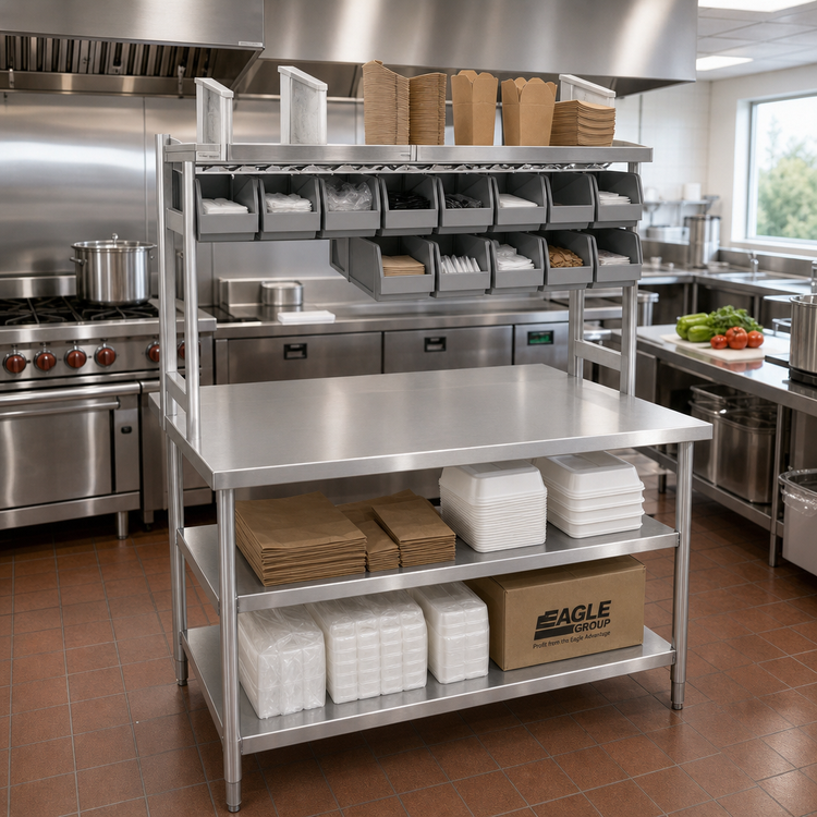 Product image #2 for Eagle Group Stainless Steel Carry-Out Workstation, 60 x 24 Inches, with Overshelf and Supply Bins