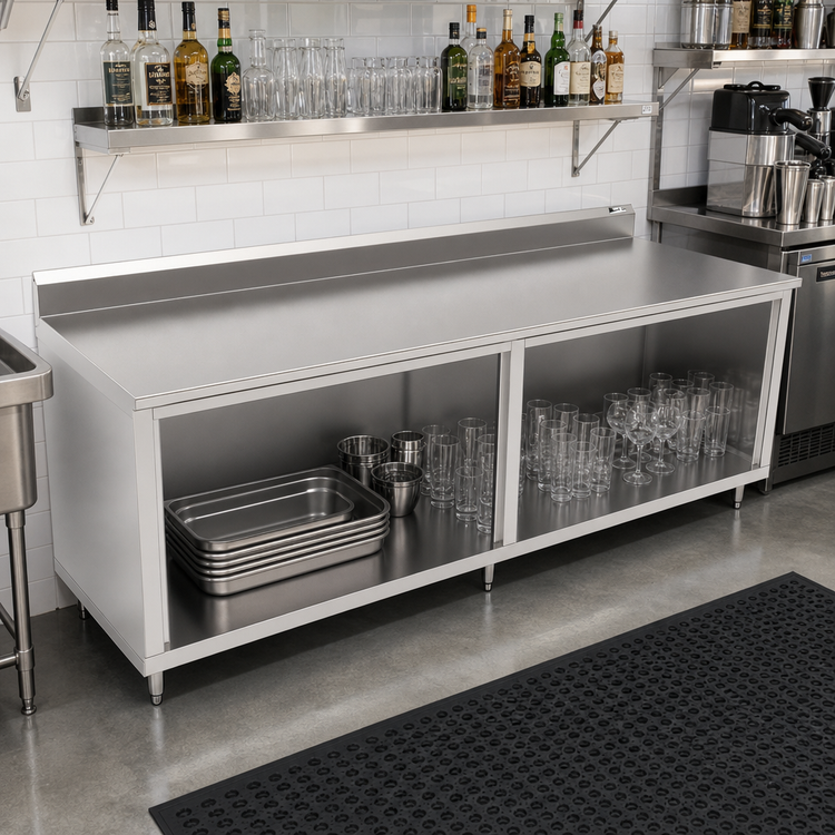 Product image #2 for John Boos 96 Inch Stainless Steel Underbar Work Table with Open Front Cabinet Base and 5-Inch Backsplash