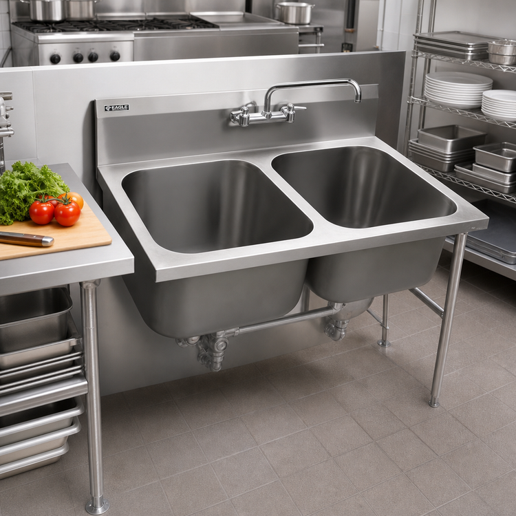 Product image #2 for Eagle Group Seamless Welded-In Two-Compartment Sink with 18" x 24" x 13-1/2" Deep Bowls