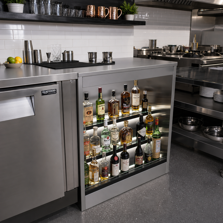 Product image #2 for Glastender Open Front Back Bar Liquor Display Cabinet, 30 Inch Wide, 3-Step Display with LED Lighting