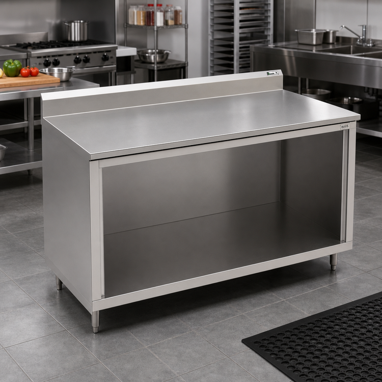 Product image #2 for John Boos Stainless Steel Work Table with Open Front Cabinet Base, 84 x 30 Inches, 5 Inch Backsplash