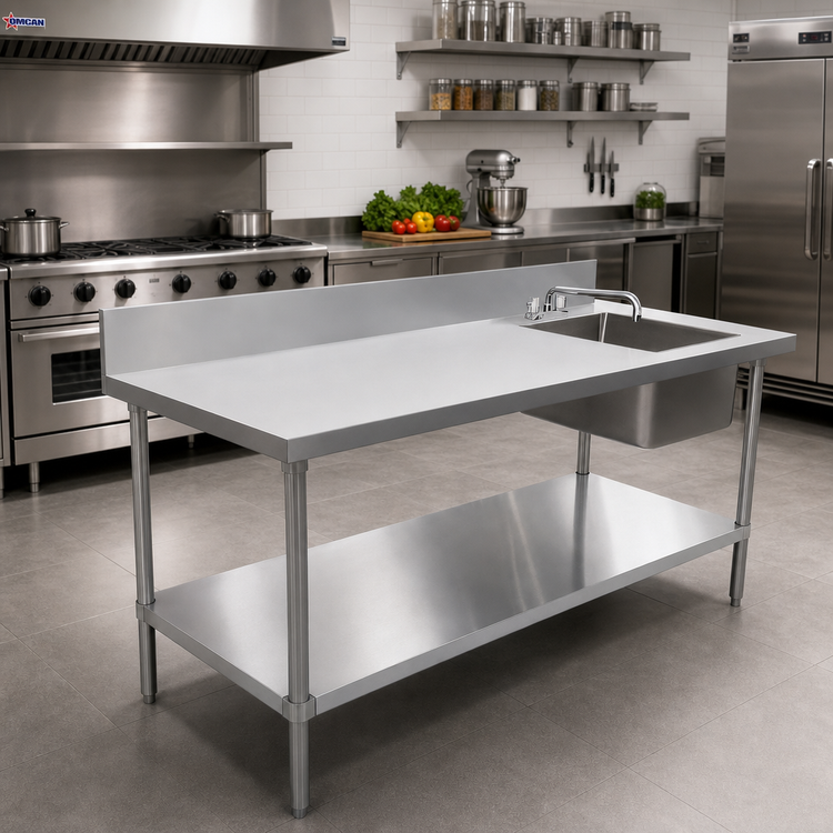 Product image #2 for Omcan 72 x 30-Inch Stainless Steel Work Table with Right Prep Sink and 6-Inch Backsplash