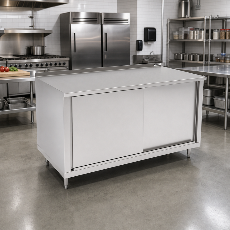Product image #2 for John Boos 72-Inch x 36-Inch Enclosed Stainless Steel Work Table with Sliding Doors and 1-1/2-Inch Rear Riser