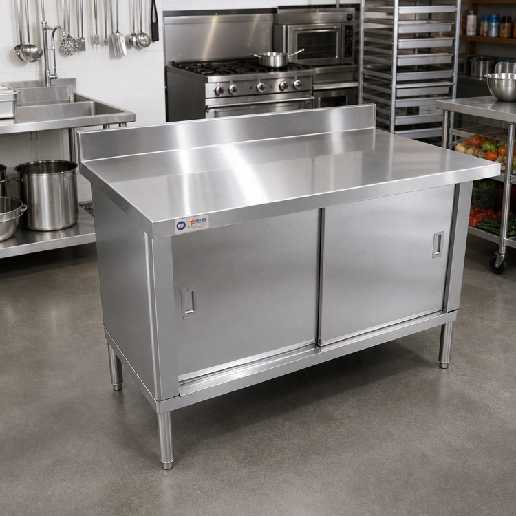 Product image #2 for 48-Inch Knock-Down Flush-Edge Enclosed Work Table with Cabinet Base, Sliding Doors, 430 Stainless Steel Top, and 4-Inch Backsplash