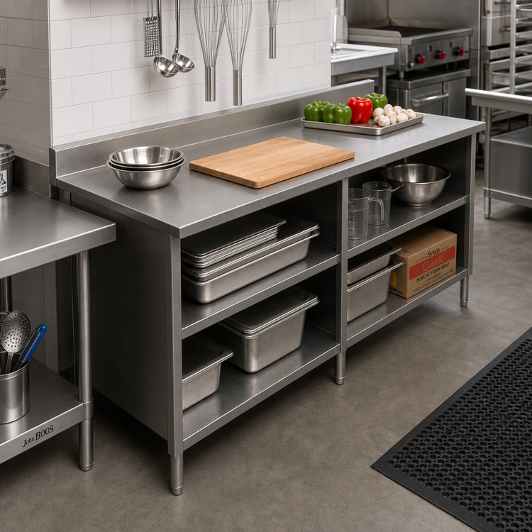 Product image #2 for John Boos Open Front Enclosed Base Work Table, 108 x 24 Inch, 16-Gauge Stainless Steel Top, 5-Inch Backsplash