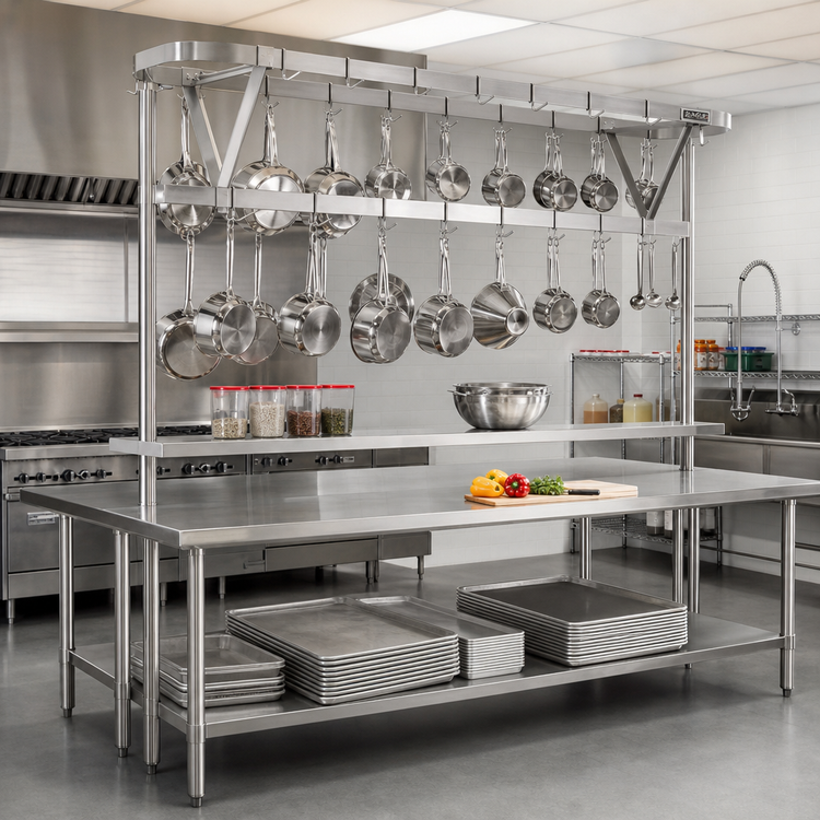 Product image #2 for Eagle Group TM132PR Stainless Steel Table-Mounted Triple-Bar Pot Rack with 33 Double-Prong Hooks for 132-Inch Table