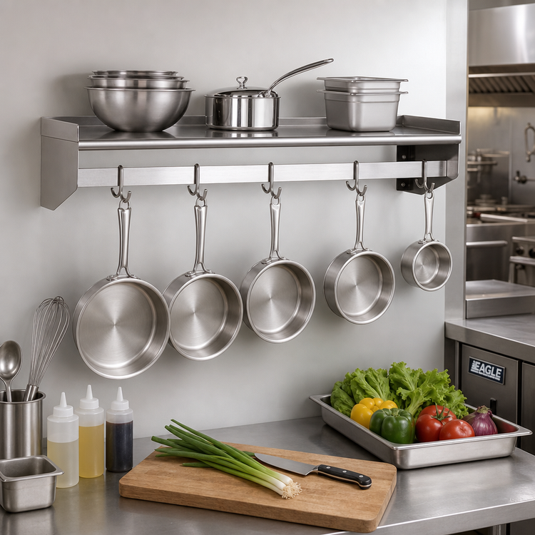 Product image #2 for Eagle Group 36-Inch W x 18-Inch D Wall-Mount Stainless Steel Pot Rack Shelf with Hooks