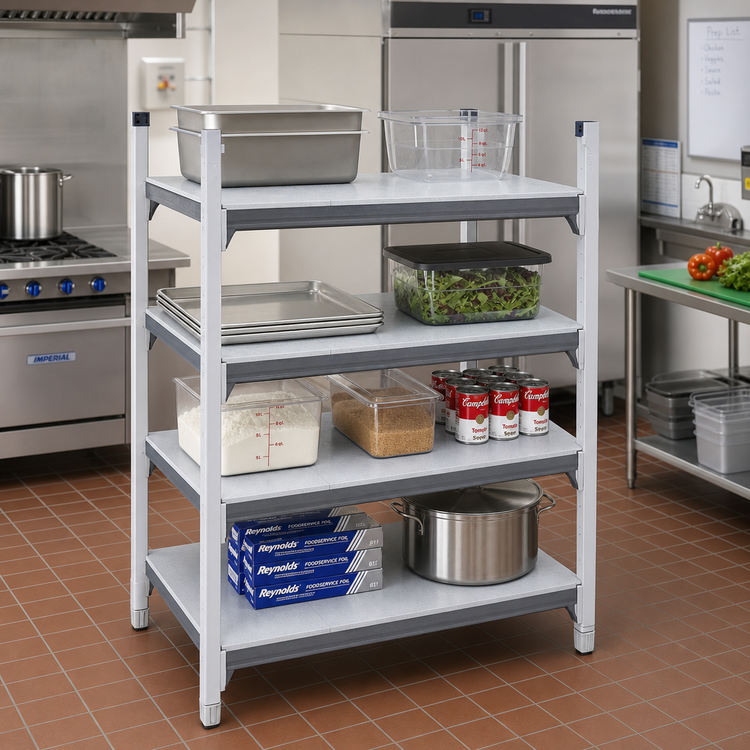 Product image #2 for Cambro Camshelving Elements XTRA 4-Shelf Universal Solid Shelf Kit, 24 x 48 Inches, Speckled Gray