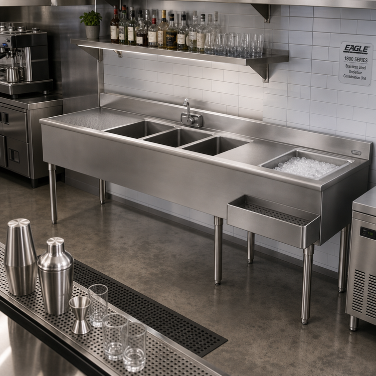Product image #2 for Eagle Group 1800 Series 108-Inch Stainless Steel Underbar Combination Unit with 3 Sink Bowls, Ice Bin, and Dual Drainboards