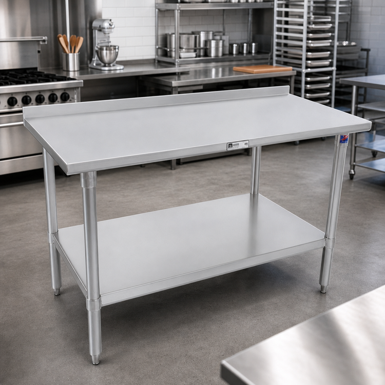 Product image #2 for John Boos Stallion 120" x 24" 16-Gauge Stainless Steel Work Table with 1-1/2" Rear Up-Turn and Undershelf