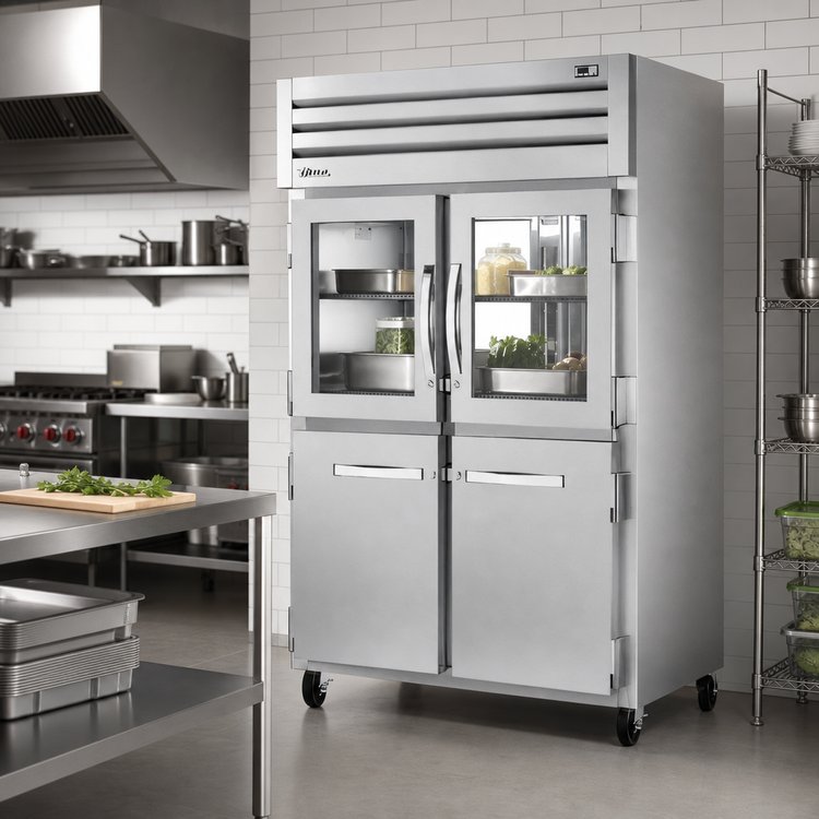 Product image #2 for True SPEC SERIES 2-Section Pass-Thru Reach-In Refrigerator with Glass and Stainless Steel Half Doors