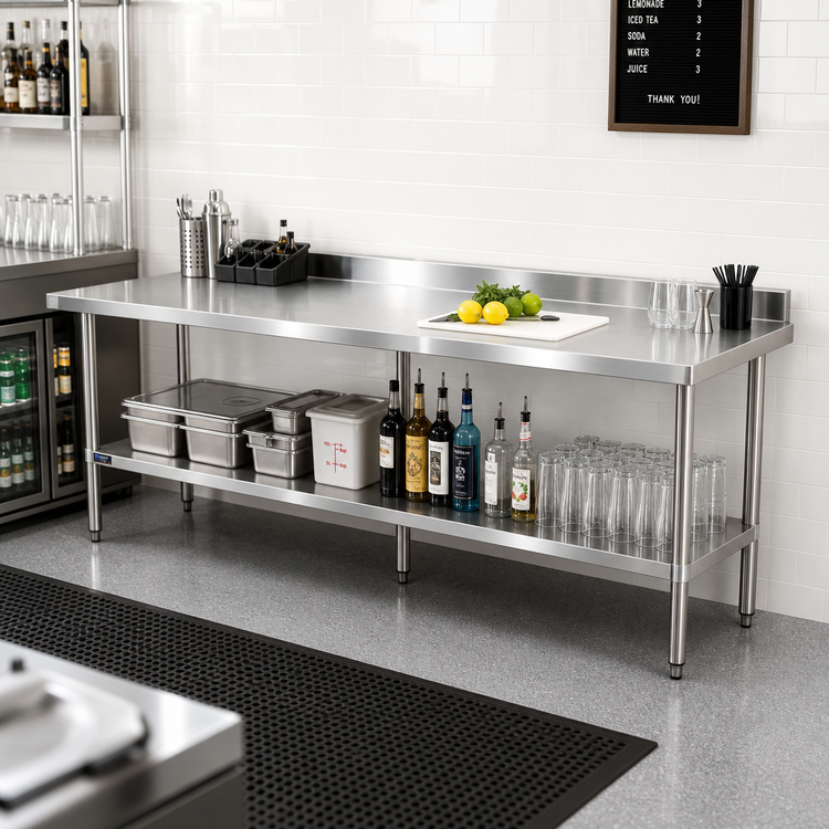 Product image #2 for Sapphire 108-Inch Stainless Steel Underbar Worktable with 5-Inch Backsplash and Undershelf
