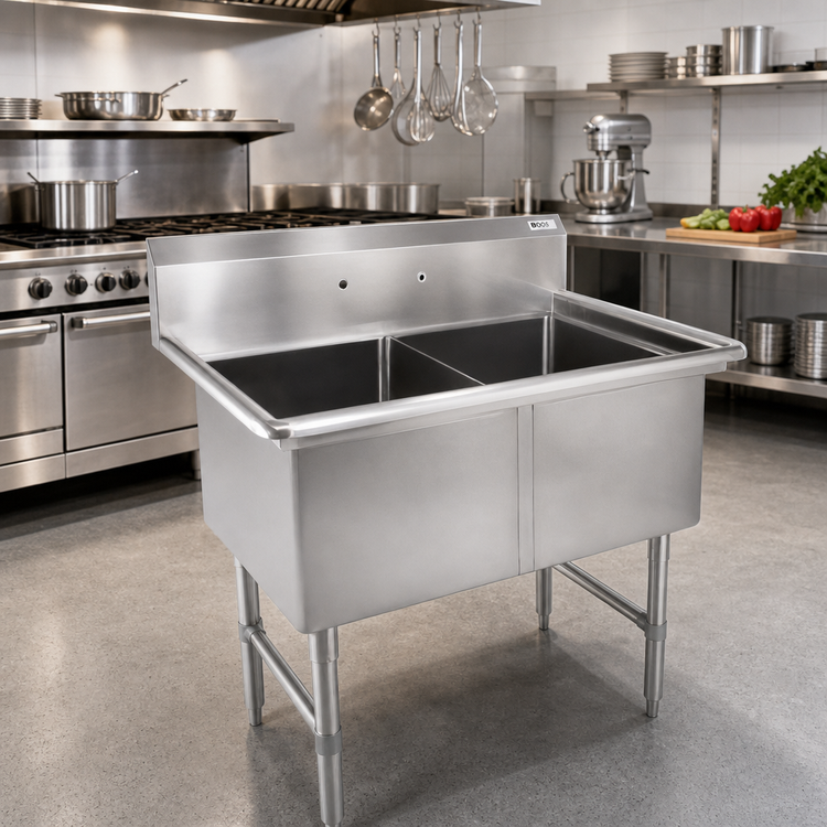 Product image #2 for John Boos B Series 2-Compartment Stainless Steel Sink with 16" x 20" x 14" Bowls and Stainless Steel Leg Base