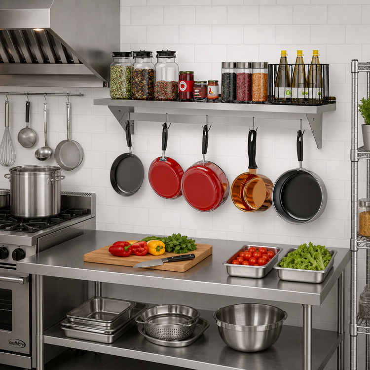 Product image #2 for KoolMore 60-Inch Stainless Steel Wall Shelf with Pot Rack and 5 Removable Hooks