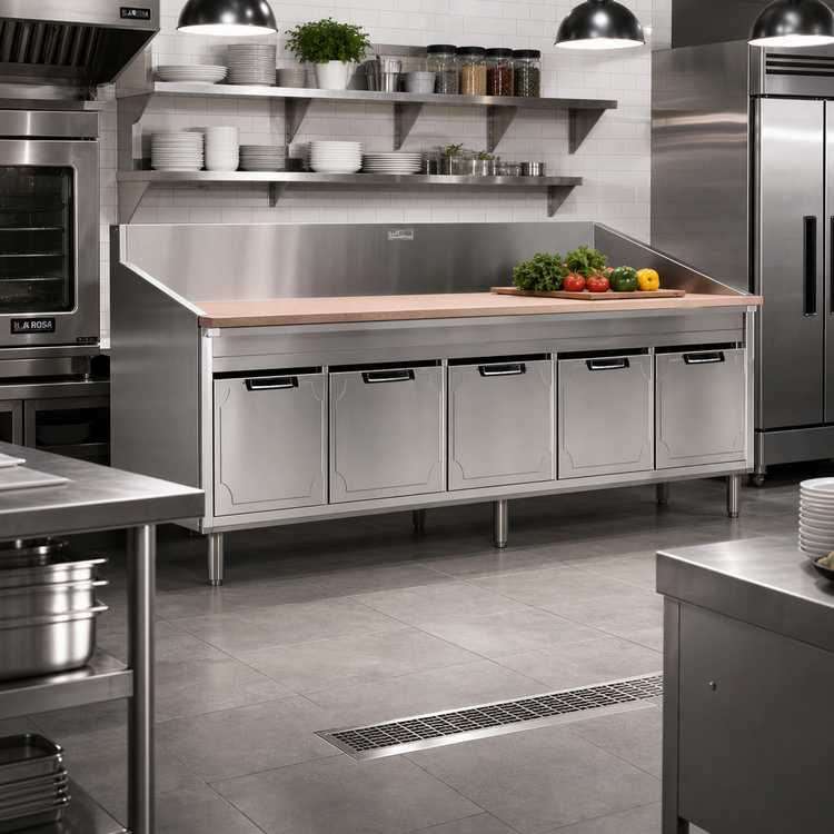 Product image #2 for La Rosa Refrigeration 120-Inch x 26 1/2-Inch Dry-Drawer Equipment Stand with 5 Stainless Steel Drawers and Richlite Cutting Board