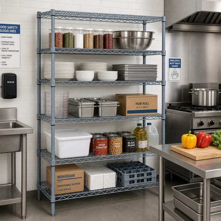 Product image #2 for Quantum Wire Shelving Starter Kit, 48"W x 36"D x 74"H, 5-Shelf Stationary Unit, Gray Epoxy Antimicrobial Finish