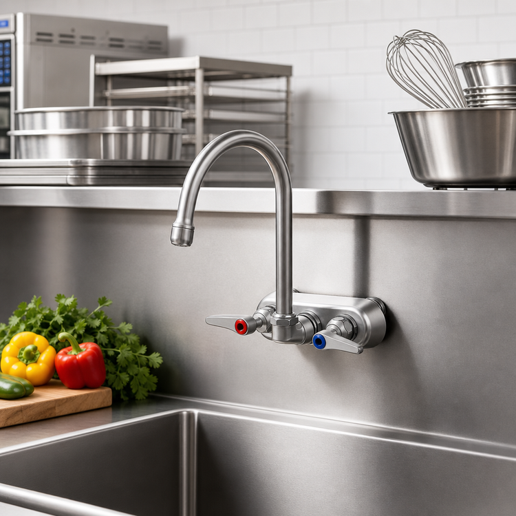 Product image #2 for T&S Brass 4-Inch Center Wall Mount Workboard Mixing Faucet with 4-3/8-Inch Swivel Gooseneck