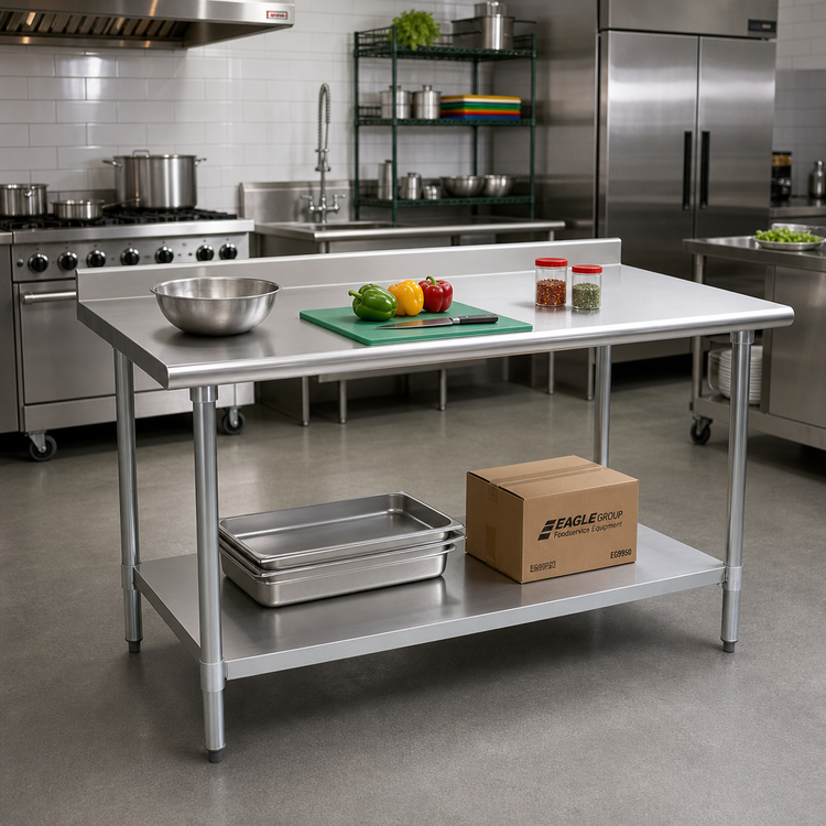 Product image #2 for Eagle Group Budget Series 84-Inch x 30-Inch 430 Stainless Steel Work Table with Rear Up-Turn and Adjustable Undershelf