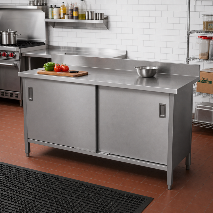 Product image #2 for John Boos Enclosed Stainless Steel Work Table with Cabinet Base, Hinged Doors, and 5-Inch Backsplash, 120 x 24 Inches