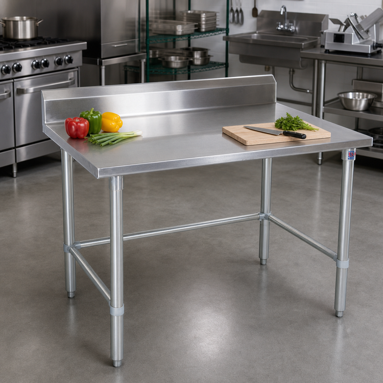 Product image #2 for John Boos Stallion 48" x 36" Stainless Steel Top Work Table with 5" Backsplash, Safety Edge, and Galvanized Base