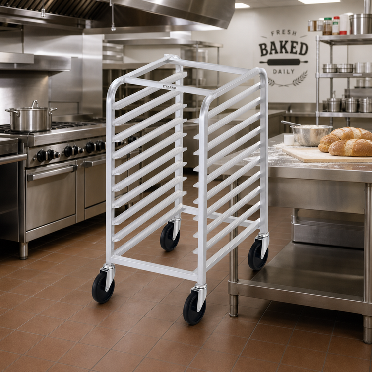 Product image #2 for Channel Manufacturing Half-Height Aluminum End-Load Bun Pan Rack with 5-Inch Swivel Stem Casters, 9 Full-Size/18 Half-Size Pan Capacity
