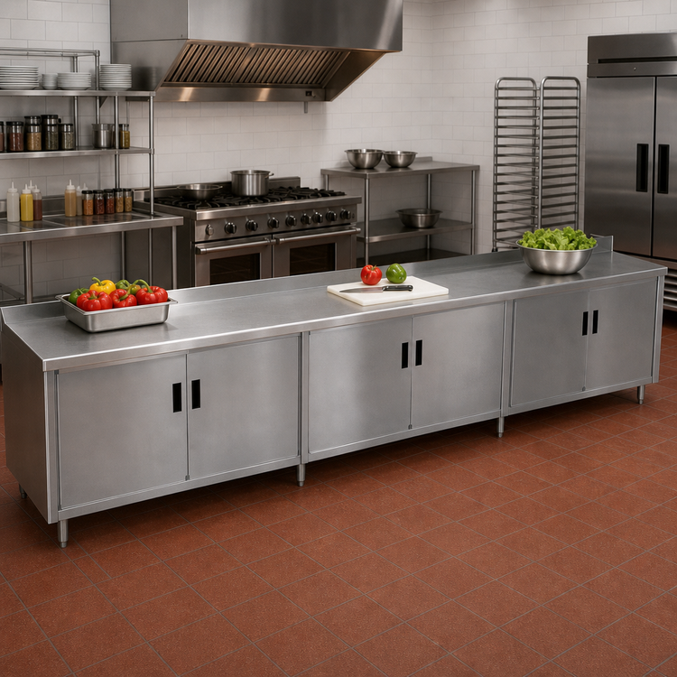 Product image #2 for Advance Tabco 144"W x 30"D Enclosed Stainless Steel Work Table with Cabinet Base, Mid-Shelf and Hinged Doors