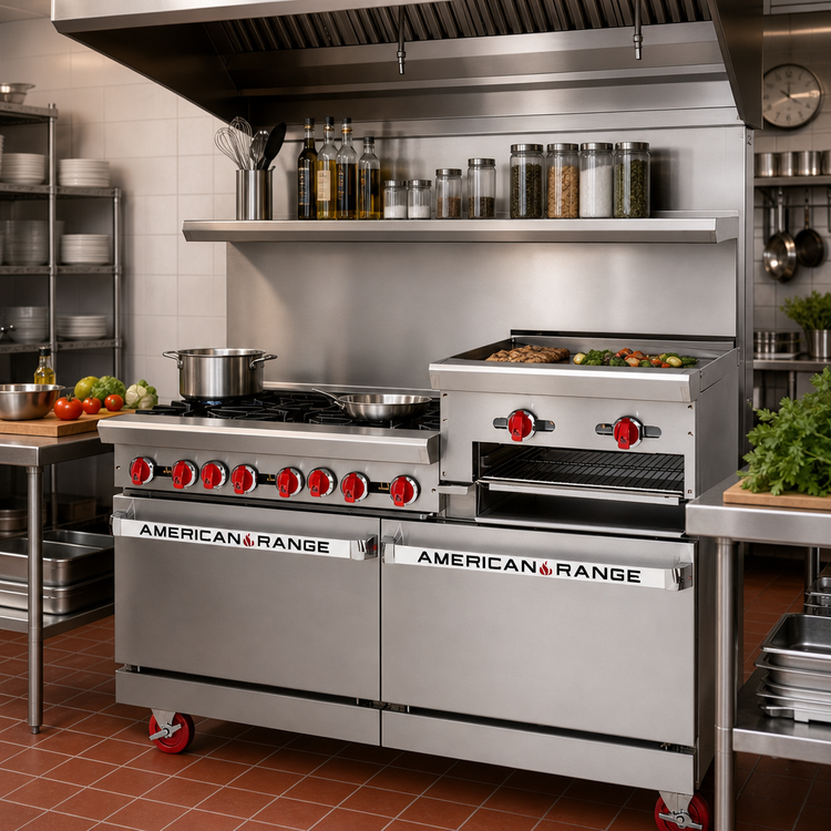Product image #2 for American Range AR-6B-24RG-CC 60-Inch Commercial Gas Range with 6 Open Burners, 24-Inch Raised Griddle/Broiler, and 2 Convection Ovens