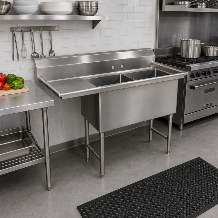 Product image #2 for Advance Tabco Special Value Series 2-Compartment Fabricated Sink with Left Drainboard, 24 x 24 x 14-Inch Bowls, 16-Gauge 304 Stainless Steel