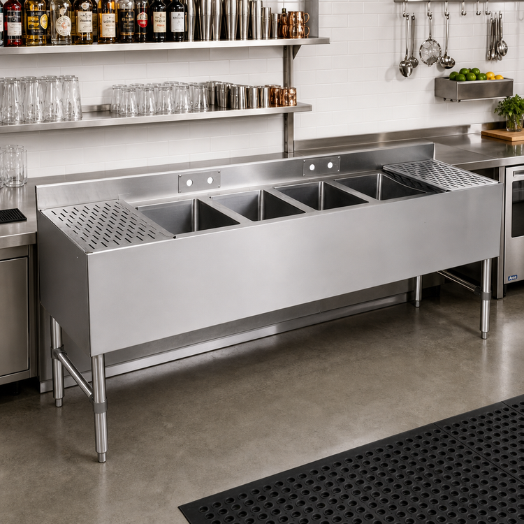 Product image #2 for John Boos Slim-Line 96-Inch 4-Compartment Underbar Sink Unit with Dual 24-Inch Drainboards