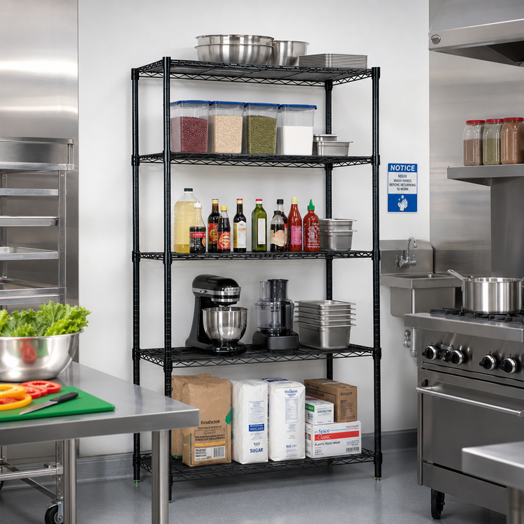 Product image #2 for Quantum Black Epoxy Antimicrobial Wire Shelving Starter Kit, 5 Shelves, 30"W x 14"D x 86"H