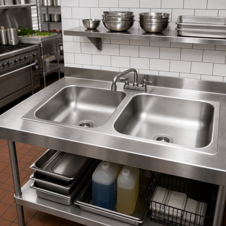Product image #2 for Advance Tabco Two-Compartment Drop-In Sink, 18-Gauge 304 Stainless Steel, with 8-Inch Swing Spout Faucet and Basket Drains