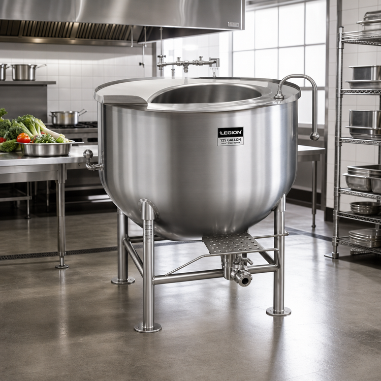 Product image #2 for Legion 125-Gallon Stationary Direct Steam Kettle with 304 Stainless Steel Liner and 2/3 Jacket