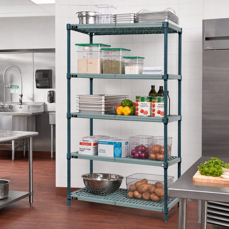 Product image #2 for Quantum 5-Tier Stationary Wire Plastic Mat Shelving Unit, 72W x 24D x 74H, Green Epoxy Antimicrobial
