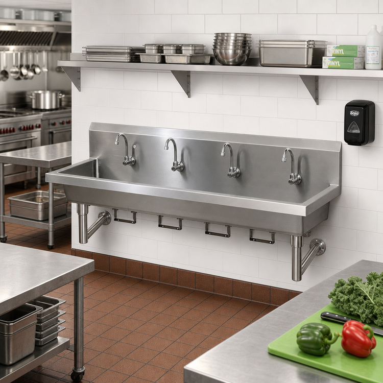 Product image #2 for BK Resources Four-Station Wall-Mounted Hand Wash Sink, 96-Inch 304 Stainless Steel