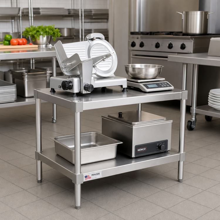 Product image #2 for New Age 36"W x 20"D x 24"H Aluminum Stationary Equipment Stand with 2 Adjustable Solid Shelves