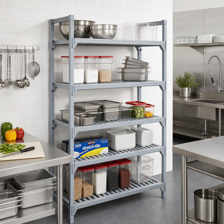 Product image #3 for Cambro Camshelving Premium 18 x 72 Inch 5-Shelf Vented Shelf Kit, Speckled Gray