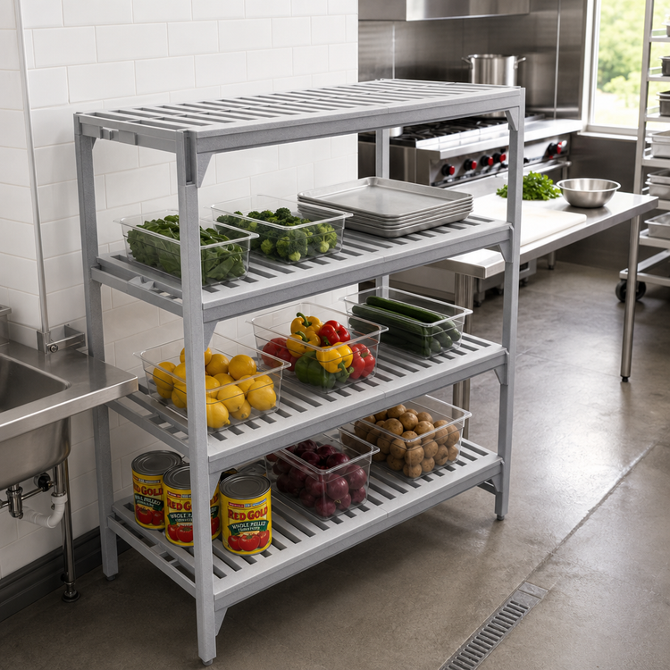 Product image #3 for Cambro Camshelving Premium 24"W x 54"L 4-Shelf Vented Shelf Kit, Speckled Gray