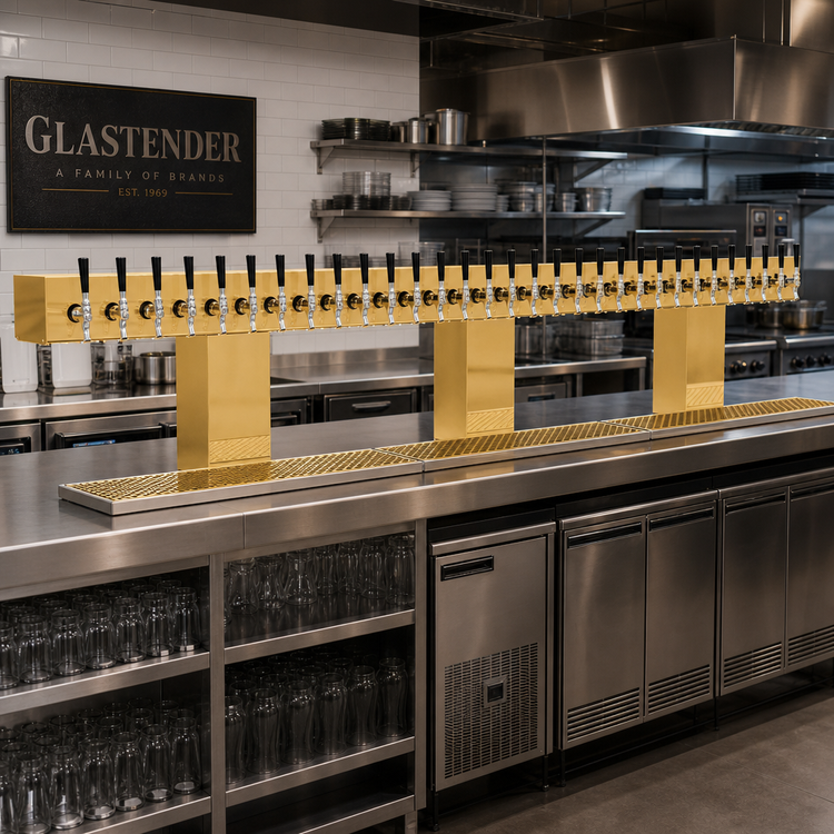 Product image #2 for Glastender Triple-Column Countertop Bridge Draft Dispensing Tower, 30 Faucets, Glycol-Cooled, Polished Brass Finish